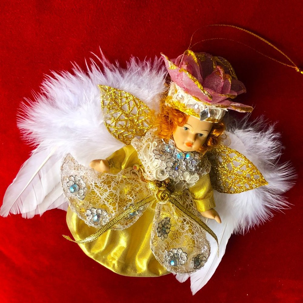 Handcrafted Upcycled Glammed-up Porcelain Doll Christmas Ornament Angel